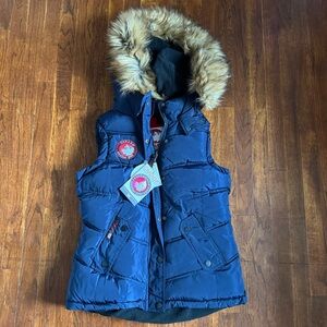 Canada Weather Gear Navy Puffer Vest withh faux fur lined hood